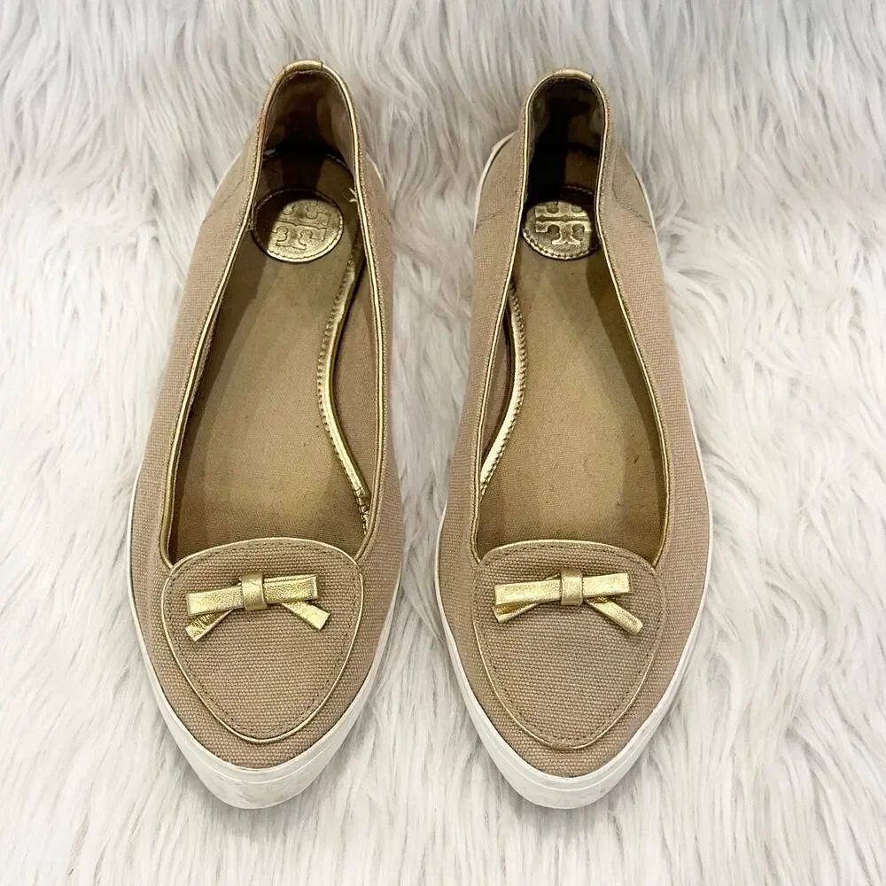 Tory Burch Dakota Flats Sneaker Canvas Leather Bow Logo Shoes, Tan/ Gold
